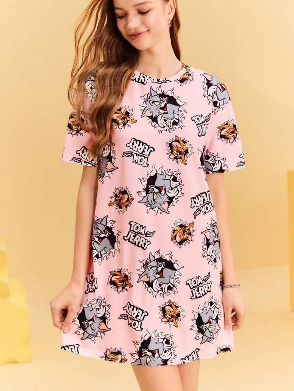 TOM & JERRY X SHEIN Women's Casual Cartoon Cat & Mouse Print Round Neck Short Sleeve Dress, Summer