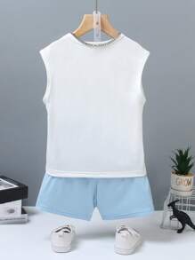 SHEIN Summer Cute Print Sleeveless Crew Neck T-Shirt & Sports Shorts Set - Baby Blue - View 2
