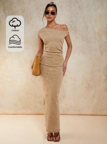 COSMINA Women's Asymmetrical Shoulder Ruched Long Denim Dress - Khaki - View 1