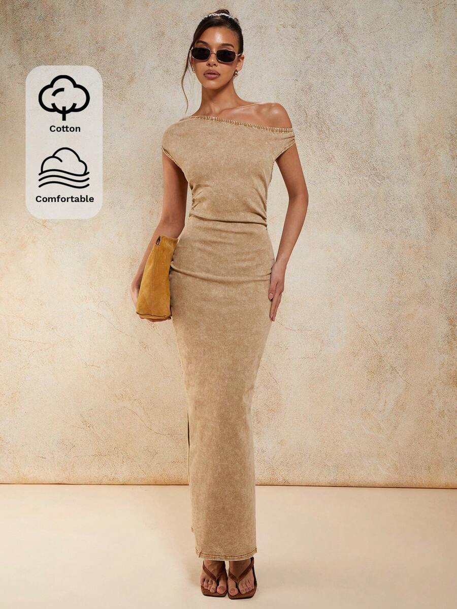 COSMINA Women's Asymmetrical Shoulder Ruched Long Denim Dress - Khaki - View 1