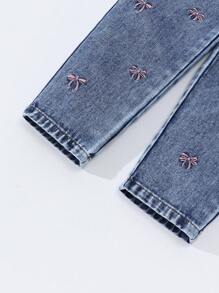 Elladie kids Denimly Little Girls Cute Casual Vacation Style Elastic Waist Bow Embroidered Washed Orchid Tapered Denim Pants - Light Wash - View 4