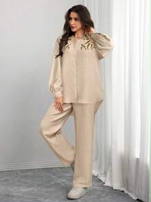 Seusyu Women Two Pieces Outfits For Daily Wear - Khaki - View 5