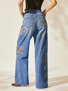 Easelle 女式宽松休闲复古波西米亚风花朵刺绣时尚西部游牧风夏季牛仔牛仔裤 - 藍色 - 查看 3
