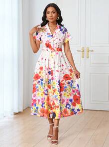 SHEIN LUNE 女式花卉印花翻领短袖系带A字连衣裙，春夏 - 彩色 - 查看 4