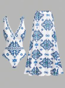 Swim Oasis 1pc/2pcs Set Paisley Print & Twisted Strap One-Piece Swimsuit With Flared Design For Summer Beach Vacation - Blue and White - View 2