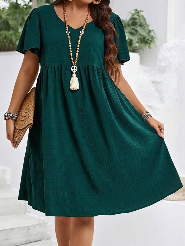 EMERY ROSE Plus Size Summer Vacation Simple Solid V-Neck Ruffle Sleeve Dress ,Women Summer Clothes