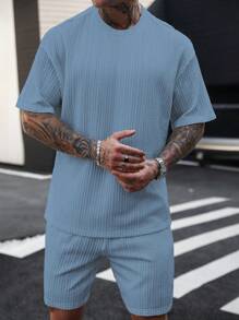 Manfinity CasualCool 男士纯色落肩休闲圆领纹理面料T恤男士两件套男士两件套男士两件套男士两件套男士两件套 - 藍色 - 查看 5