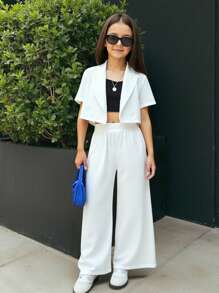 SHEIN Leap Crew Camisa Acortada Con Cuello De Solapa Y Pantalones Amplios De Pierna Para Chicas Adolescentes Sin La Parte Superior De La Camiseta - Blanco - Ver 1