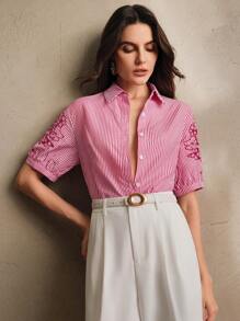 Anewsta New Perforated, Embroidered & Striped Short Sleeve Women Blouse, Summer