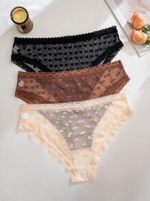 SHEIN 3-Pack Sweet Heart Jacquard Mesh Lace Trim Plus Size Women Briefs - Multicolor - View 2