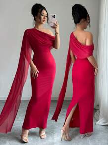 Rafferiza Váy suông bồng bềnh một bên vai thanh lịch dành cho nữ có viền xếp nếp và xẻ tà, màu đỏ, mùa xuân/hè - Đỏ - Xem 3