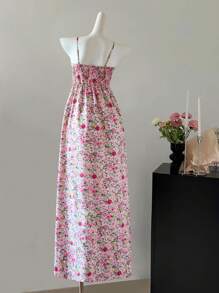 INAWLY Robe élégante pour femmes avec bretelles spaghetti, patchwork de dentelle à la taille et motif floral marguerite - Rose bonbon - Voir 3