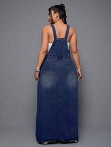SHEIN ICON Plus Size Solid Color Backless Casual Sleeveless Denim Dress For Summer Plus Size Denim Overalls - Dark Wash - View 2
