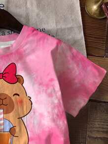 SHEIN Tween Girl Casual Minimalist Pink Tie-Dye With Cute Cartoon CAPYBARA Animal Print, Short Sleeve Crew Neck T-Shirt, Suitable For Summer Statement Tops, Kids Graphic T-Shirts, Heart Print, Butterfly, Easy Comfort, Casual Wear For Spring/Summer, Whimsical, Basics, Cozy Feel, Vanilla Style, Family Outing Season, Home Refresh, Cool Wear Collection, Basics, Easy Comfort, Effortless Athletic - Multicolor - View 6