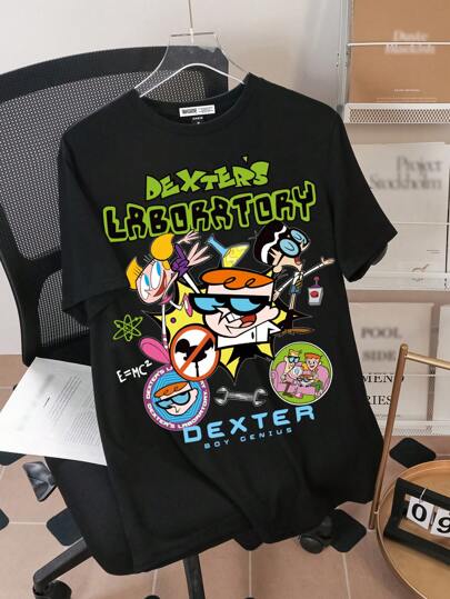 Dexter's Laboratory X SHEIN Men Black Loose Fitting Crew Neck Short Sleeve T-Shirt, Comfortable Summer Wear With Cartoon Character & English Letter Print