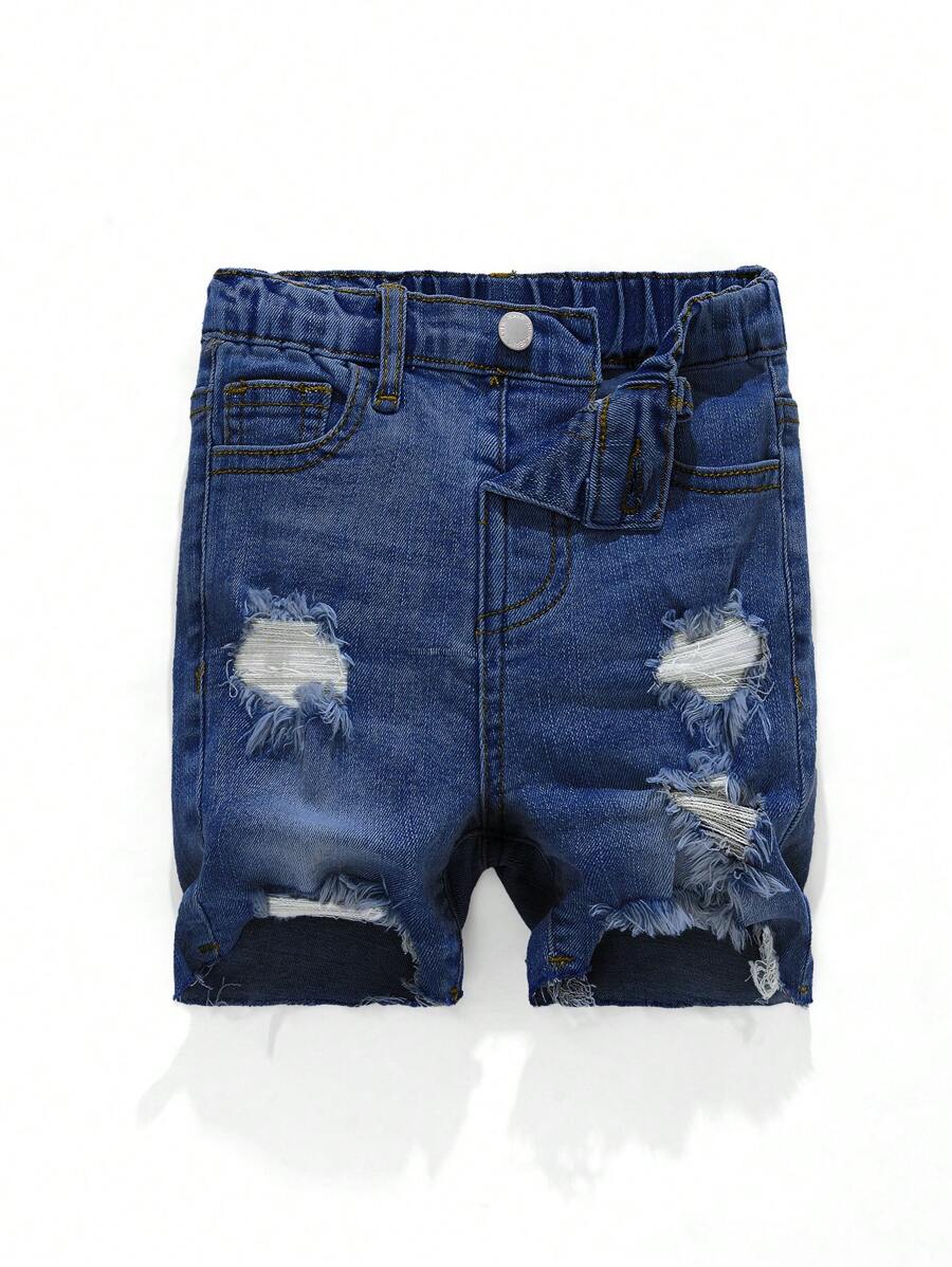 SHEIN Young Boy Blue Denim Elastic Skinny Distressed Shorts - Dark Wash - View 1