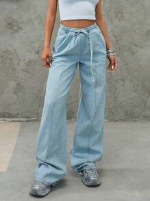 EURMUSE WOMEN HIGH WAIST WIDELEG SWEAT JEAN ELASTIC WAIST BAND - Light Wash - View 3