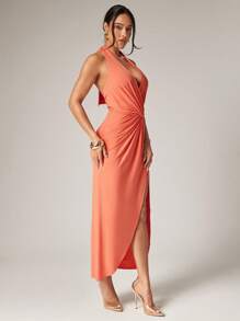 Silquee Vestido maxi con cuello halter, plisado y con abertura alta en unicolor para mujer - Naranja - Ver 5