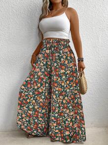 Linhara CURVE Quần ống rộng buộc eo họa tiết hoa đi nghỉ cho nữ cỡ lớn - màu xanh lá - Xem 1