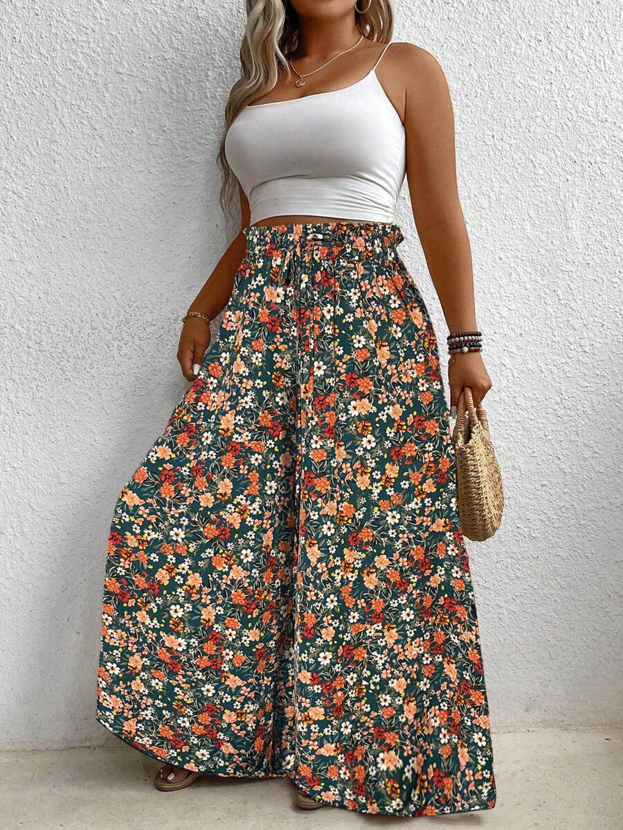 Linhara CURVE Quần ống rộng buộc eo họa tiết hoa đi nghỉ cho nữ cỡ lớn - màu xanh lá - Xem 1