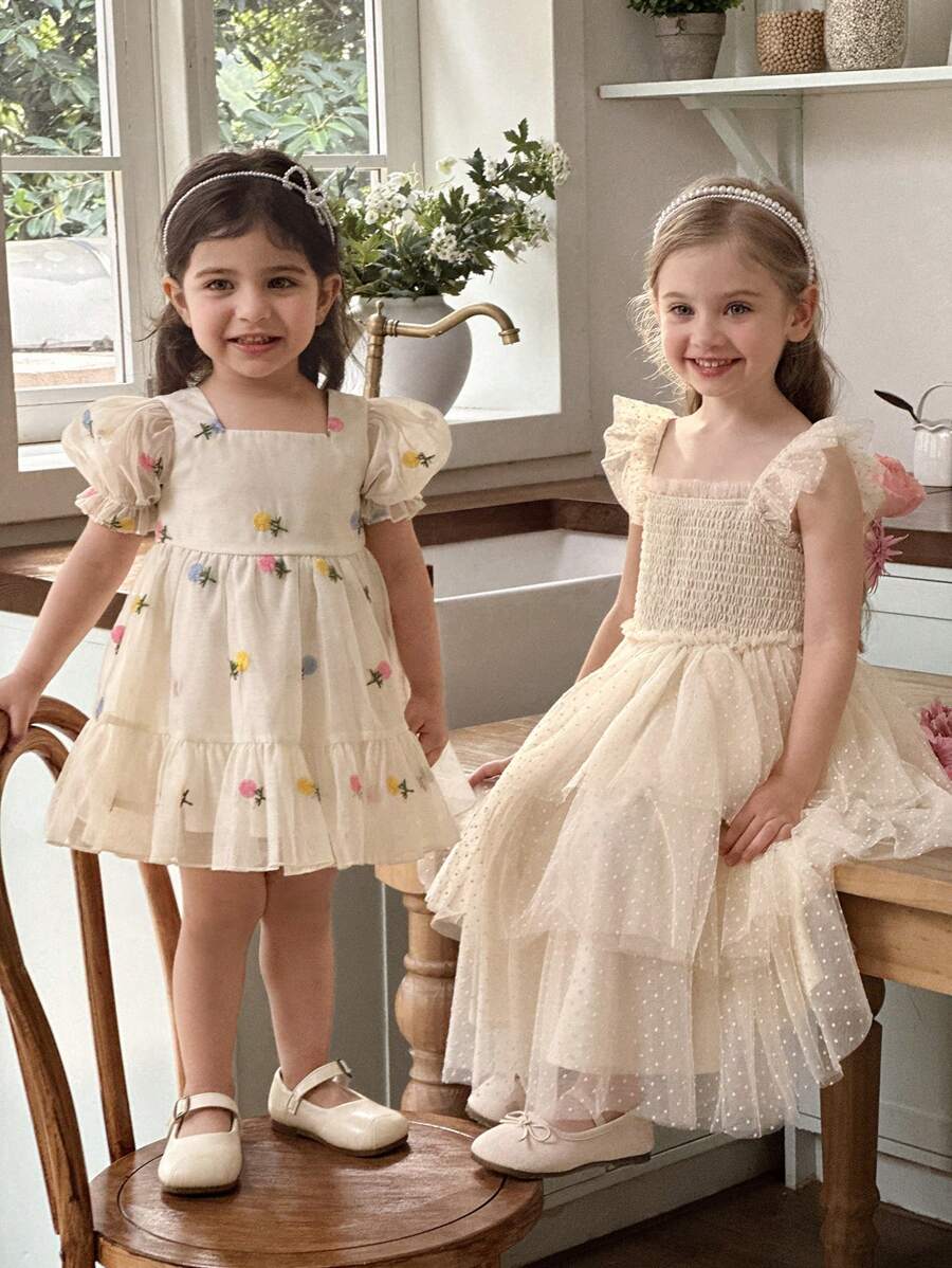 Vestido elegante de bebé niña con estampado floral de organza color albaricoque y dobladillo con volantes