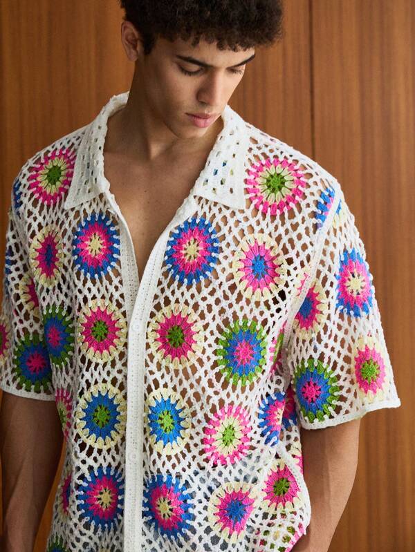 Manfinity Unisex Pulover pentru bărbați, cu model floral, cu mânecă scurtă, tricot cu gol