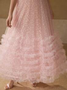 MOTF PREMIUM LACE MESH PANEL LAYERED RUFFLE HEM COCKTAIL DRESS - Baby Pink - View 2