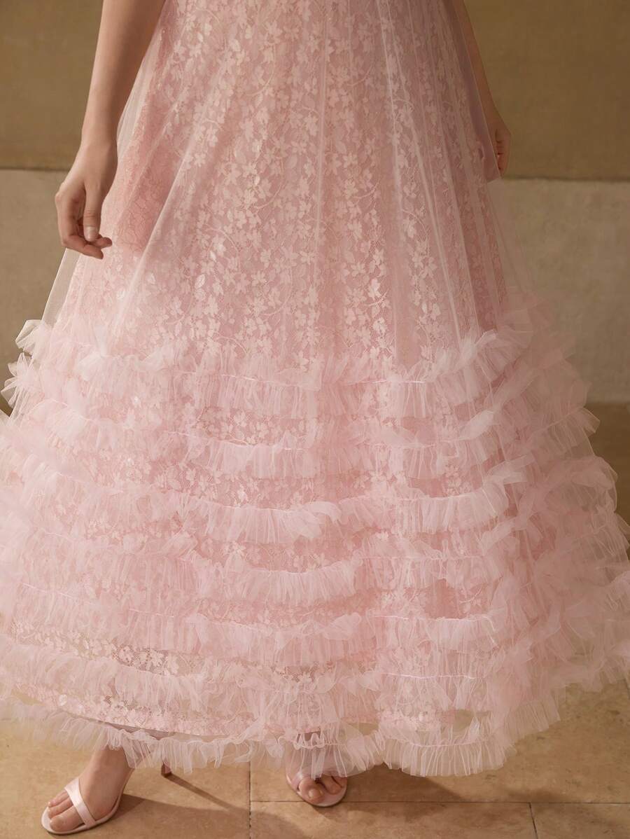 MOTF PREMIUM LACE MESH PANEL LAYERED RUFFLE HEM COCKTAIL DRESS - Baby Pink - View 2