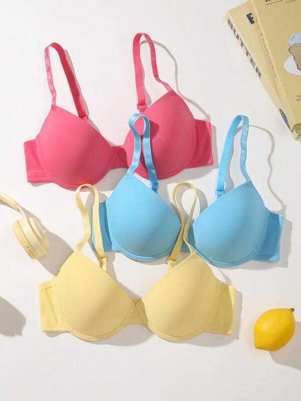 Snug Zone 3pcs/Set Women Solid Color Spaghetti Strap With Underwire Bra
