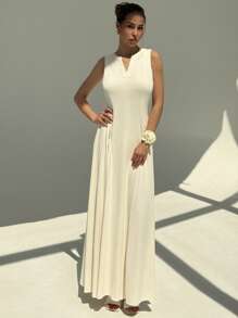 Aloruh Nuevo vestido elegante y a la moda de ajuste ceñido, en color liso, con cuello dividido de punto, sin mangas, con fruncidos