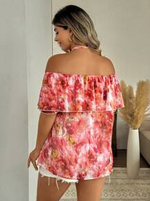 Flirla Plus Size Women French Romantic Casual Short Sleeve Off-Shoulder Blouse, Summer - Multicolor - View 2