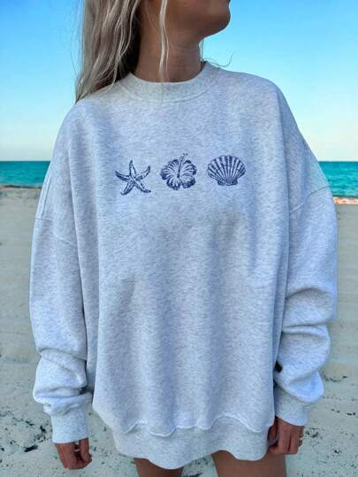SHEIN EZwear Women's Casual Minimalist Printed Crew Neck Loose Fit Long Sleeve Hoodies, With Ocean Element Prints: Starfish, Hibiscus, Shell,Springbreak,Coconutgirl,Girl Trip,Music Festival Autumn And Winter