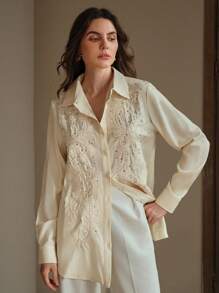 Anewsta Women's Embroidered & Rhinestone Decoration Long Sleeve Blouse - Beige - View 3