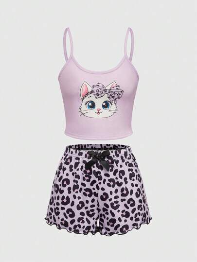 Kawaii Cute Kawaii Leopard Print Cat Pattern Camisole & Shorts Sleepwear Loungewear Set With Bow
