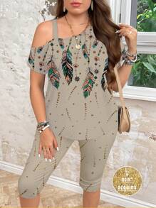 SHEIN LUNE Set de 2 piezas Falda con estampado floral de plumas con textura para mujer de talla grande, adecuado para vacaciones de verano, conjunto de 2 piezas de verano adecuado para salir - Beis - Ver 6