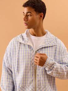 Musero 男士格纹宽松拉链夹克（仅限单件）落肩款，适合夏季、春季、假日度假穿着