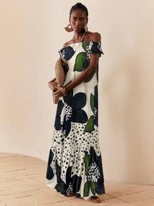 SHEIN Lady 女式花卉印花露肩荷叶边下摆连衣裙，度假风格 - 綠色 - 查看 6