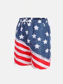 SHEIN Teen Boy Independence Day Patriotic Print Contrast Color America Flag Pattern Casual Shorts, Soft Fabric Versatile & Practical For Daily Wear, School, Outdoor, Beach, Spring/Summer,4th Of July