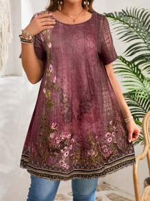 EMERY ROSE Plus Size Crew Neck Short Sleeve Floral Print Casual Blouse, Everyday Wear,Summer,Tropical Vacation - Pink - View 5