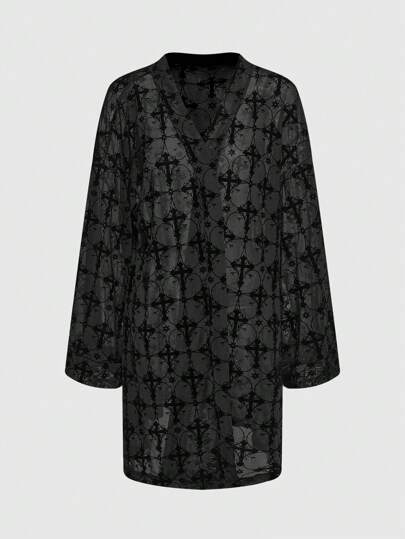 Gothic Style Mesh & Velvet Burning Flower Cross Rose Robe