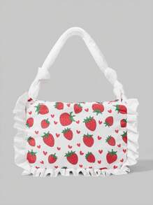 ROMWE Kawaii Cute Strawberry Pattern Lace Decor Large Capacity Portable Pillow Handbag, Women Shoulder Bag, White - Multicolor - View 6