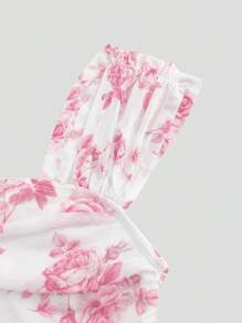 Girlism Chaleco elegante y encantador de ajuste ceñido con cuello cuadrado, estampado floral rosa y blanco, plisado, para adolescentes, ropa de otoño, ropa de Halloween, top de Renacimiento, Feria del Renacimiento