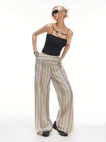LYSMO Women's Striped Tie-Up Patchwork Long Pants,Bohemian Clothes - Green - View 4