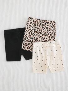Cozy Pixies Set de 3 piezas de pantalones cortos casuales con cintura elástica, de punto con estampado de leopardo y corazones para bebé niña