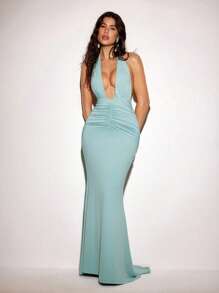 VIOLA AND VESPER Summer Soft Green Halter Tie Neck Ruched Waist Backless Deep V Maxi Dress Women Elegant Dress
