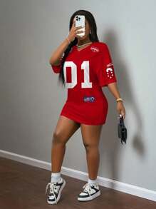 Slaydiva Casual Sports Style Number Badge Applique Mini Dress For Women, Suitable For Summer And Athletic Season,Summer Dresses For Women Chic Dress - Multicolor - View 5