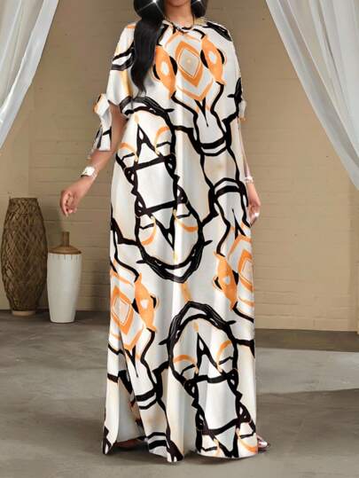 SHEIN Lady فستان كاجوال أنيق للربيع والصيف للذهاب إلى المكتب، ارتداء يومي، وأنشطة هواية، طبعات ملونة، قصة رقبة دائرية، شق وعقدة، طويل وقصير الأكمام، مقاسات كبيرة