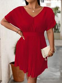 SHEIN Clasi Plus Size Casual Solid Color Pleated Hem Dress - Red - View 4