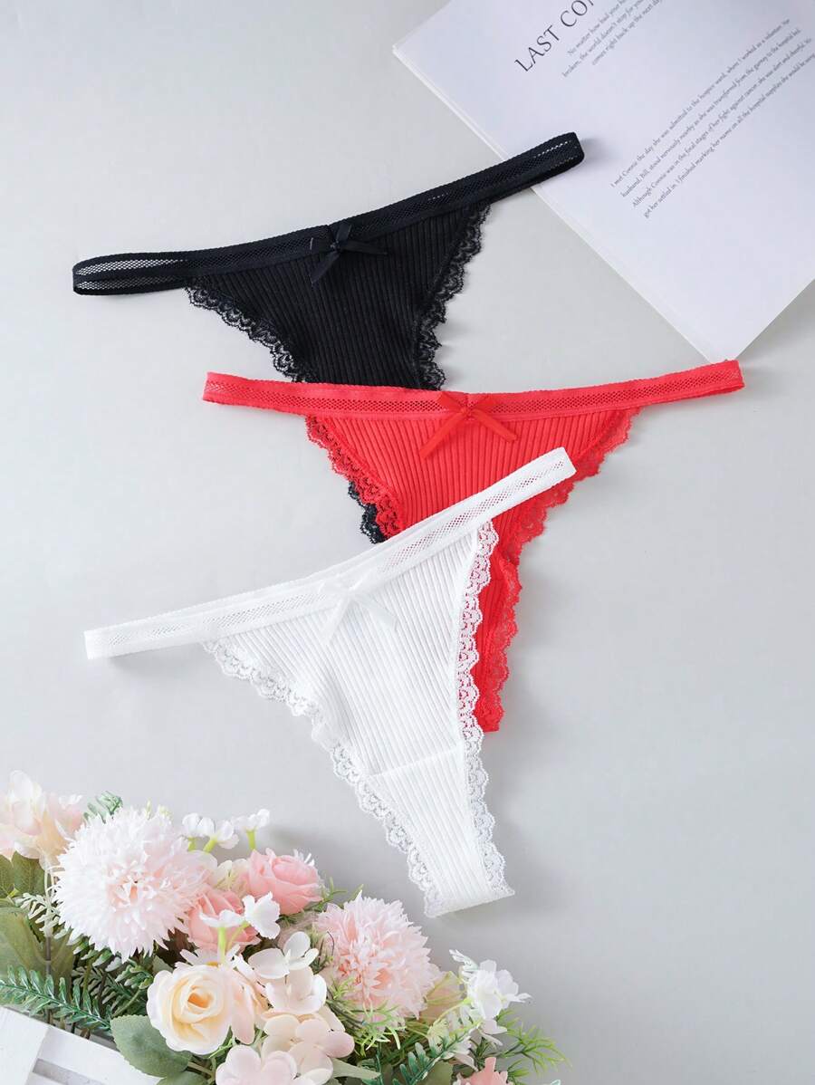 SHEIN Set de 3 piezas de tangas de encaje de mujer con lazo decorativo, de unicolor y sexy, en talla estándar