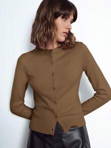 Maija Women's Mocha Brown Elegant Solid Color Round Neck Front Button Long Sleeve Simple Fashion Versatile Knit Sweater, Christmas Holiday Casual Outdoor Business Casual Wear In Fall/Winter